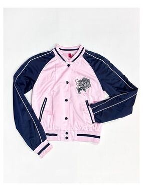 H&M DIVIDED Size 4 Pink & Navy Blue Embroidered Bomber Button Up Jacket Varsity